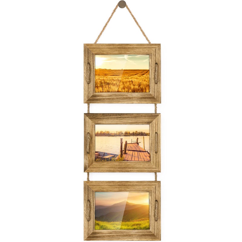 DLQuarts 5x7 Hanging Picture Frames Collage Wall Decor, 3-Opening Photo Frames 5x7 without Mat & 3.5x5 with Mat, Rustic Wood, Carbonized Black - Image 1